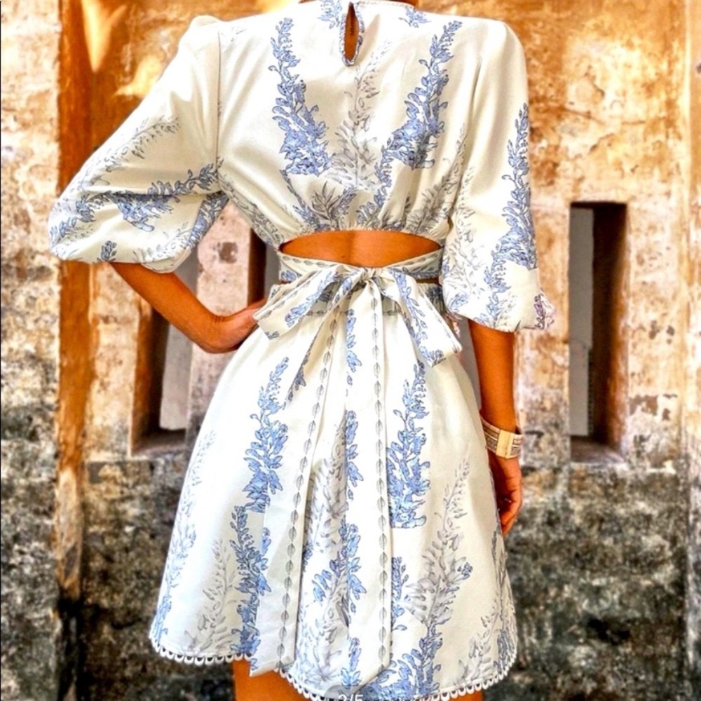 Blue and white cut out floral dress